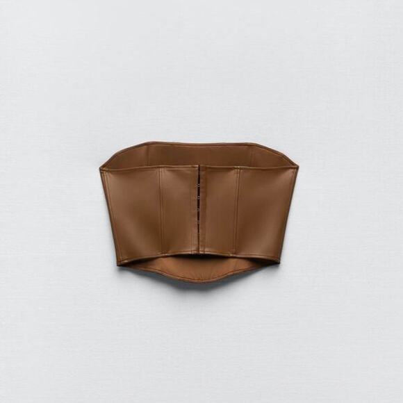 Zara Brown Faux Leather Vegan Strapless Tube Bustier Corset Crop Top Size S - Picture 4 of 8
